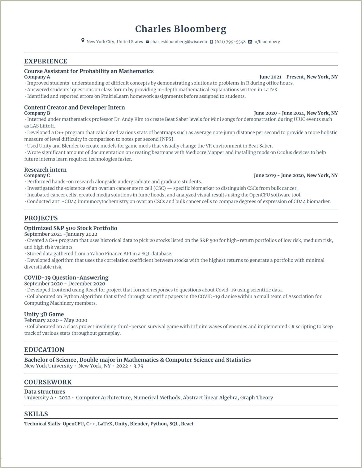 Sample Resume For Fresh Graduate Mathematics