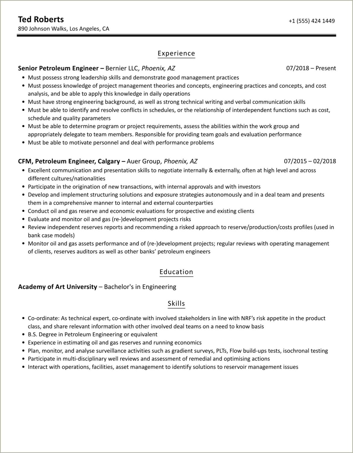 Sample Resume For Fresh Graduate Petroleum Engineer