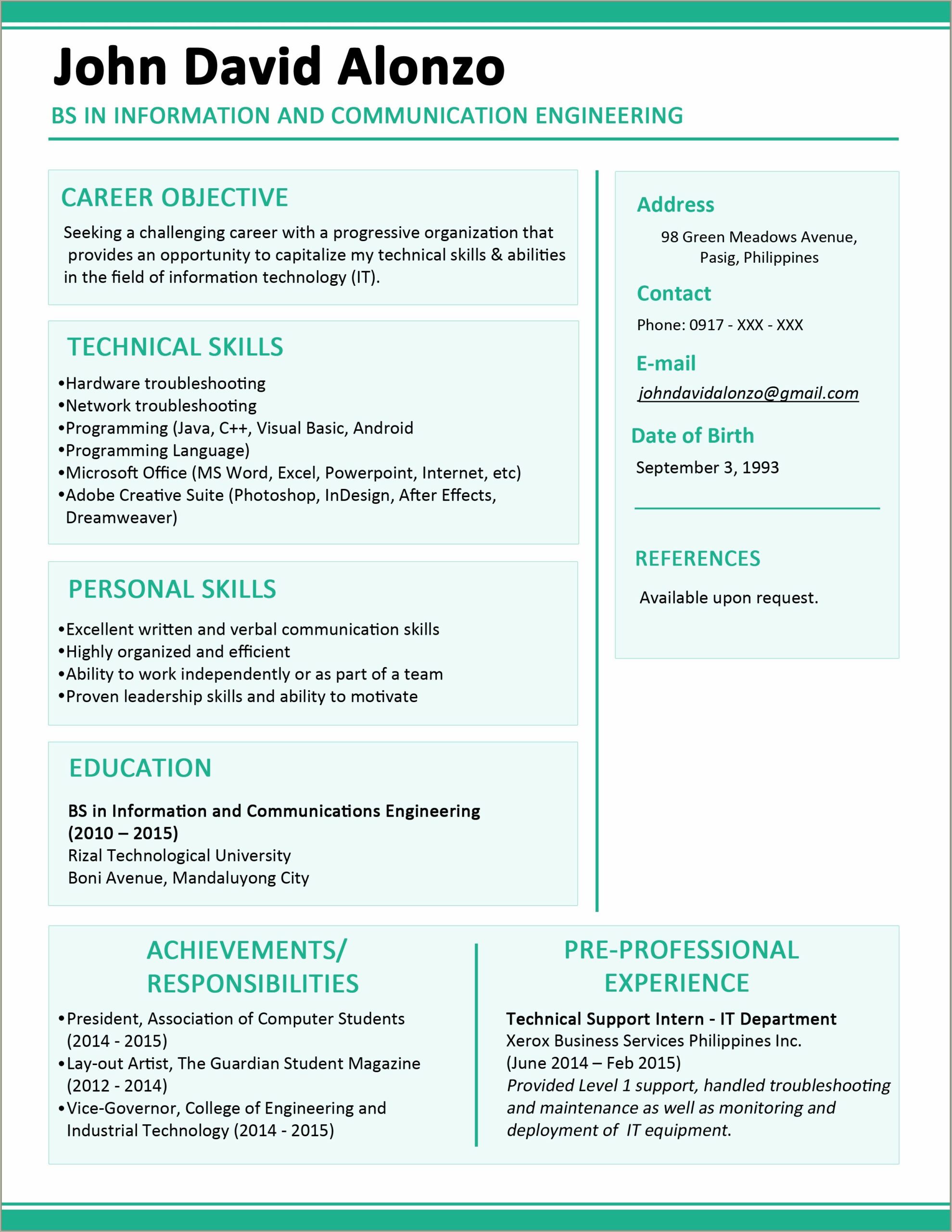 Sample Resume For Fresh Graduate Philippines