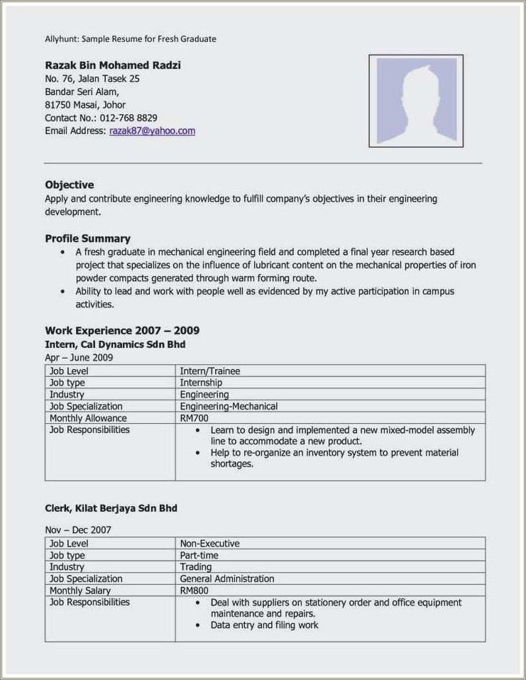 Sample Resume For Fresh Graduate With Work Experience