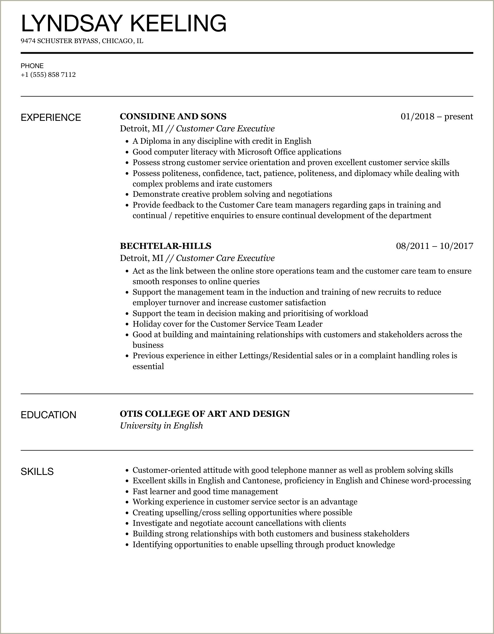 Sample Resume For Fresher Customer Care Executive