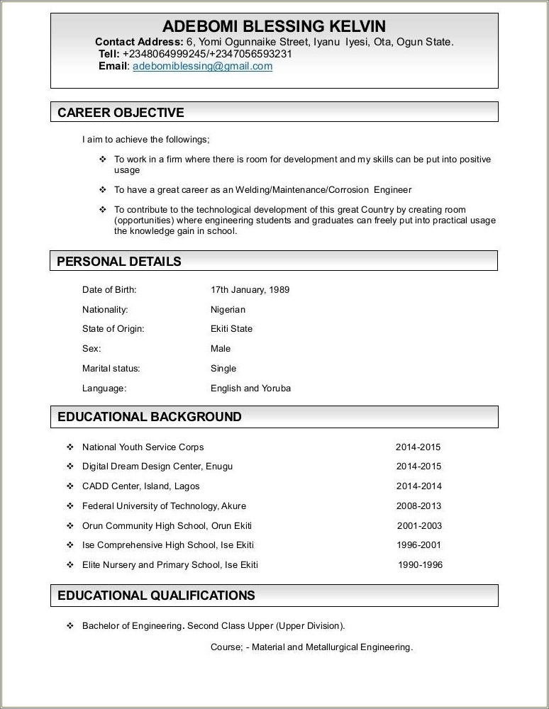 Sample Resume For Fresher Metallurgical Engineer