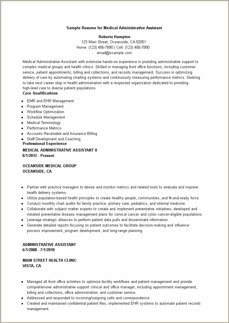 Sample Resume For Front Office Administrator