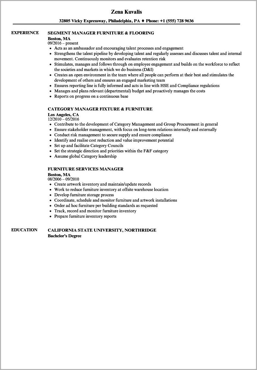 Sample Resume For Furniture Store Manager