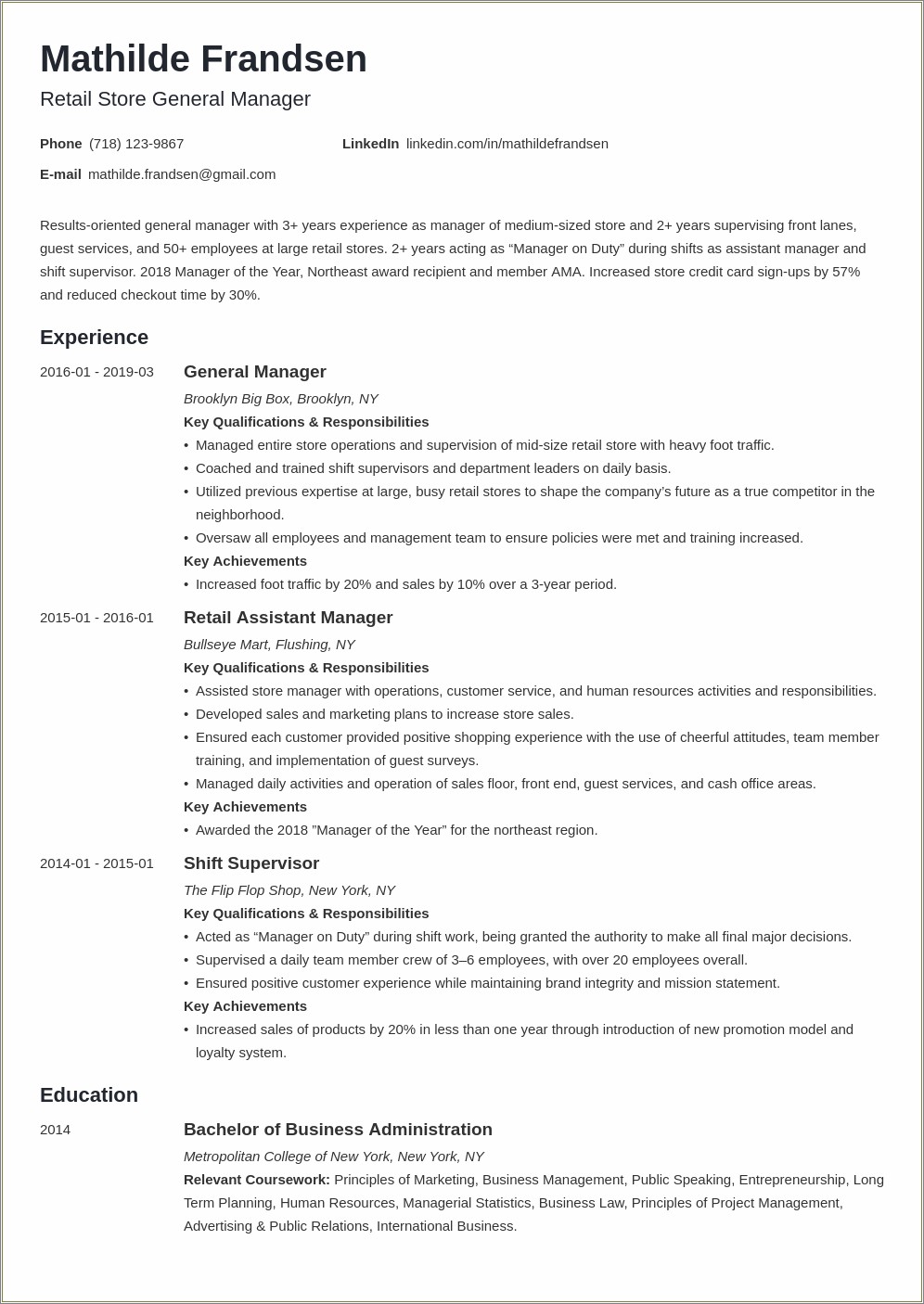 Sample Resume For General Manager Position