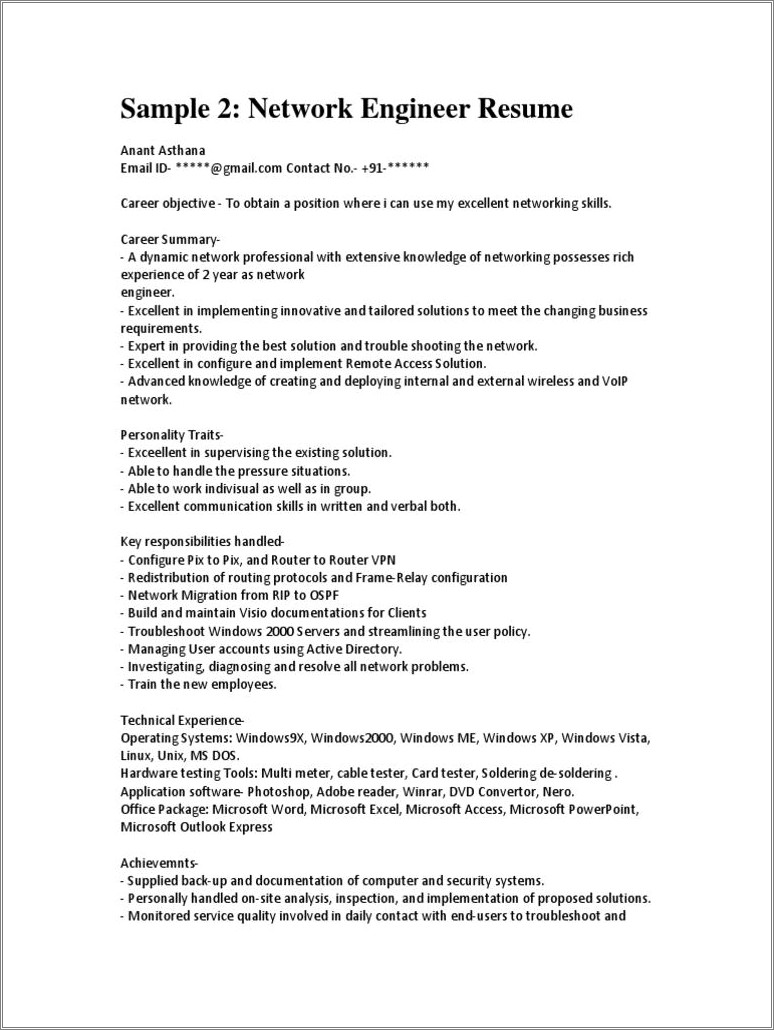 Sample Resume For Hardware And Networking Engineer