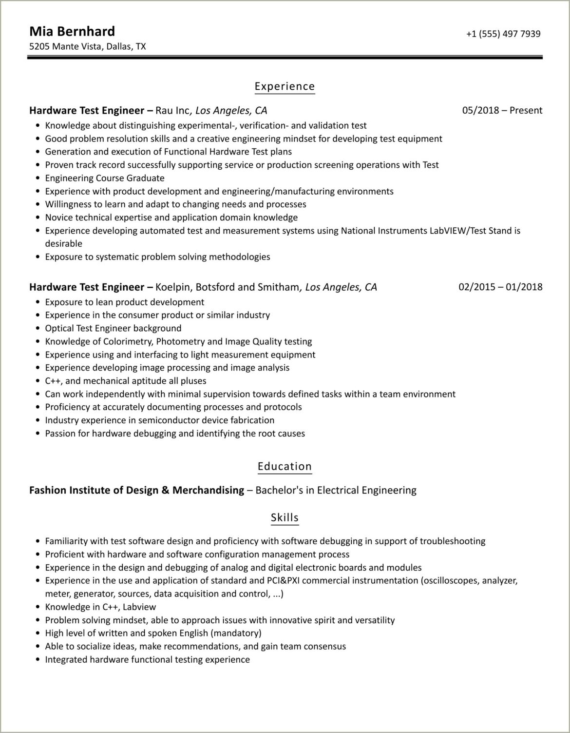 Sample Resume For Hardware Test Engineer