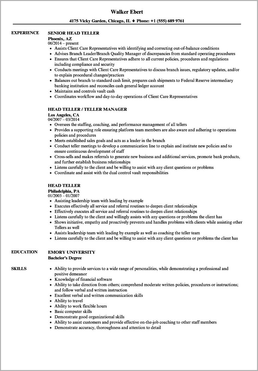 Sample Resume For Head Bank Teller