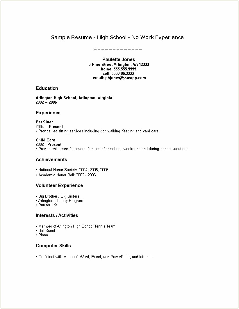 Sample Resume For High School Internship