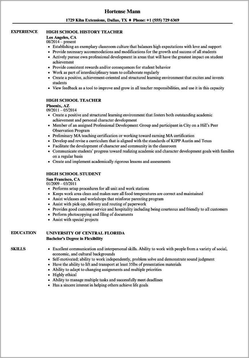 Sample Resume For High School Student For College