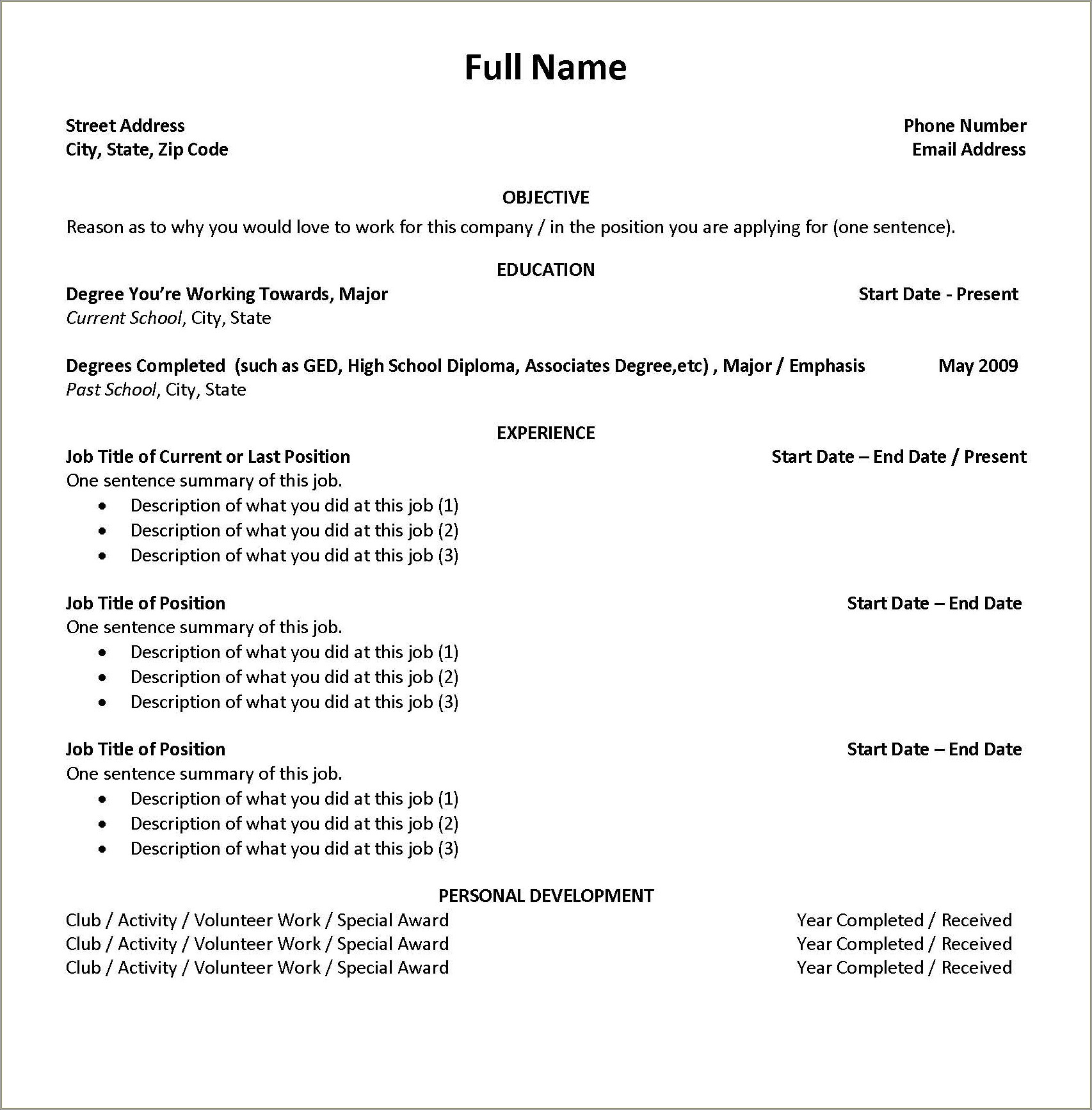 Sample Resume For High School Student Summer Job