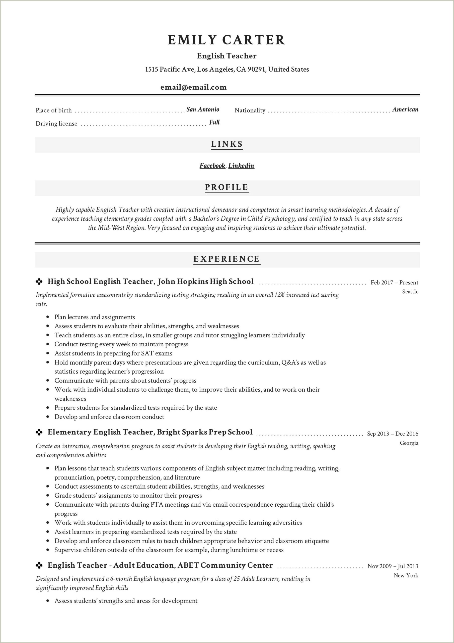 Sample Resume For High School Teacher India
