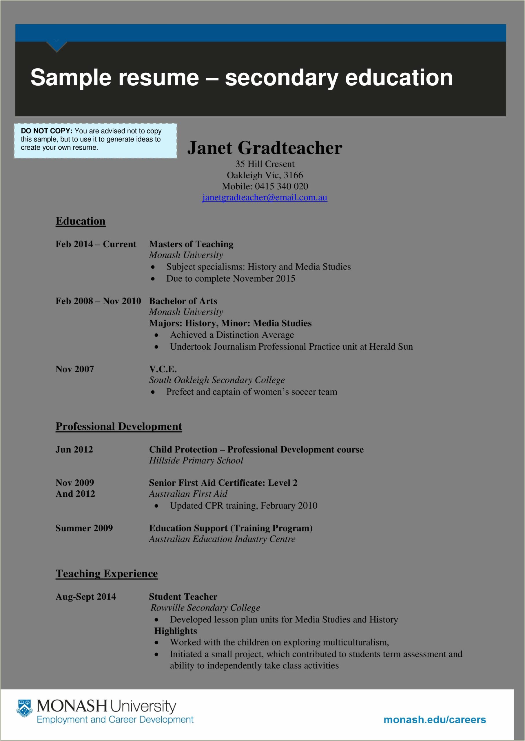 Sample Resume For High School Teacher With Experience