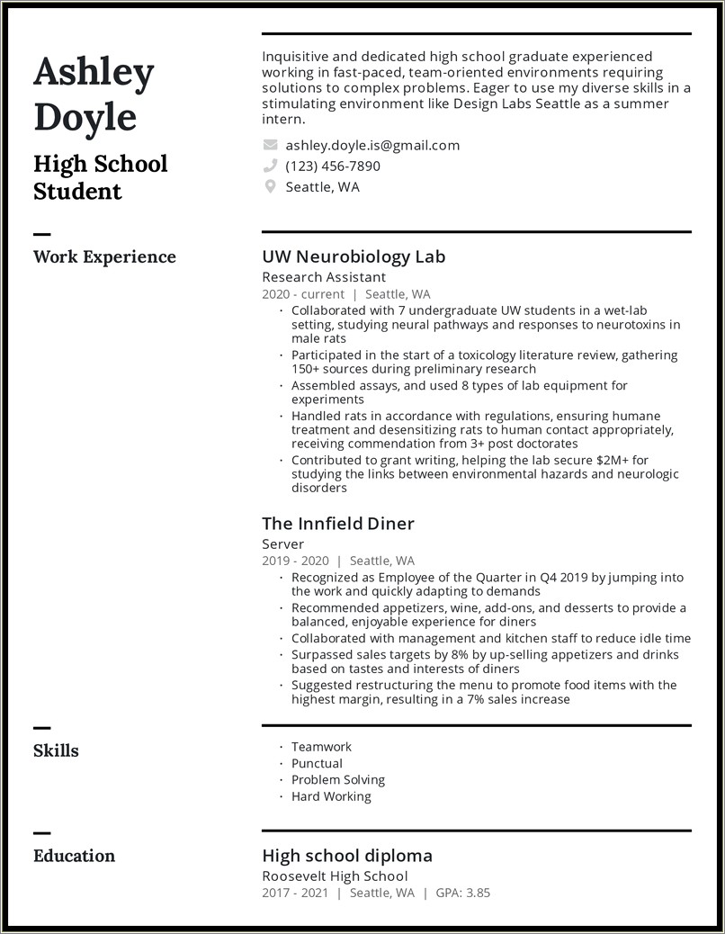 Sample Resume For Highschool Graduate With Experience