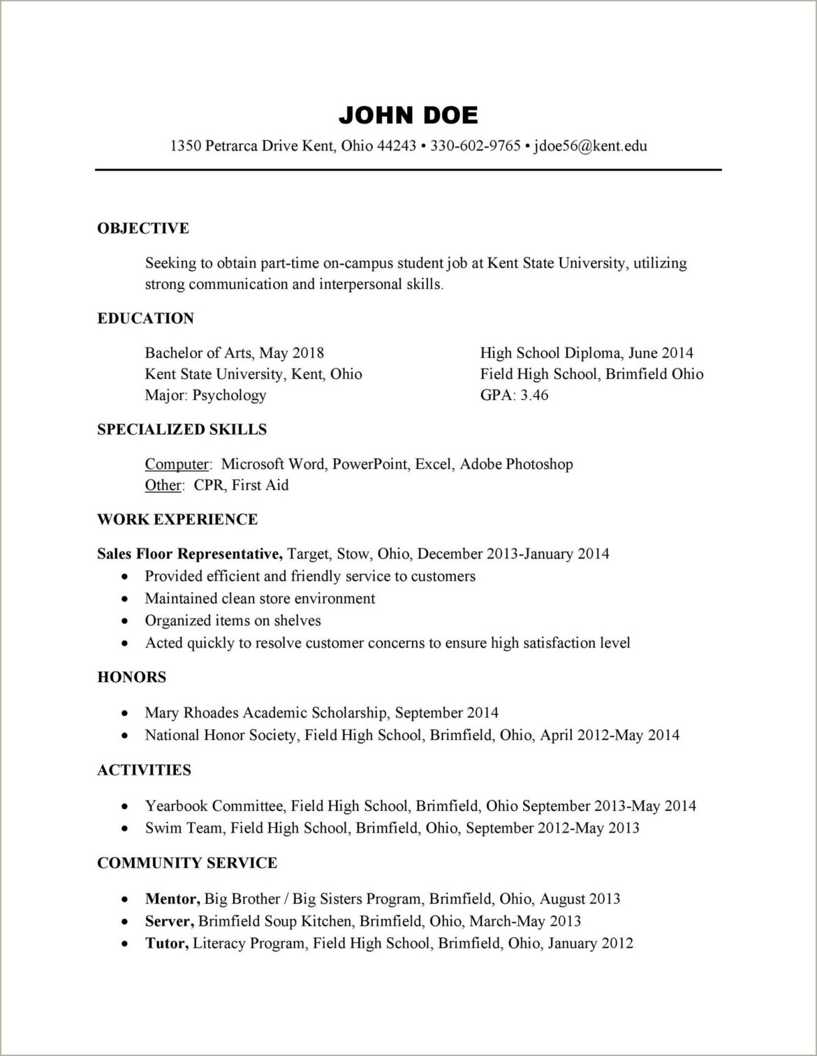Sample Resume For Highschool Students Entering College