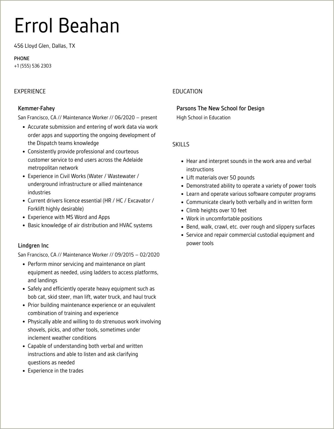 Sample Resume For Highway Maintenance Worker