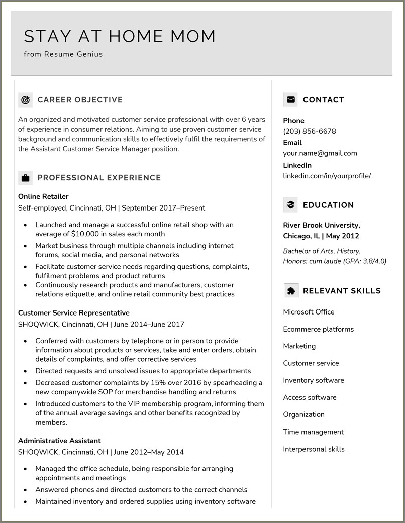 Sample Resume For Homemaker Entering Workforce