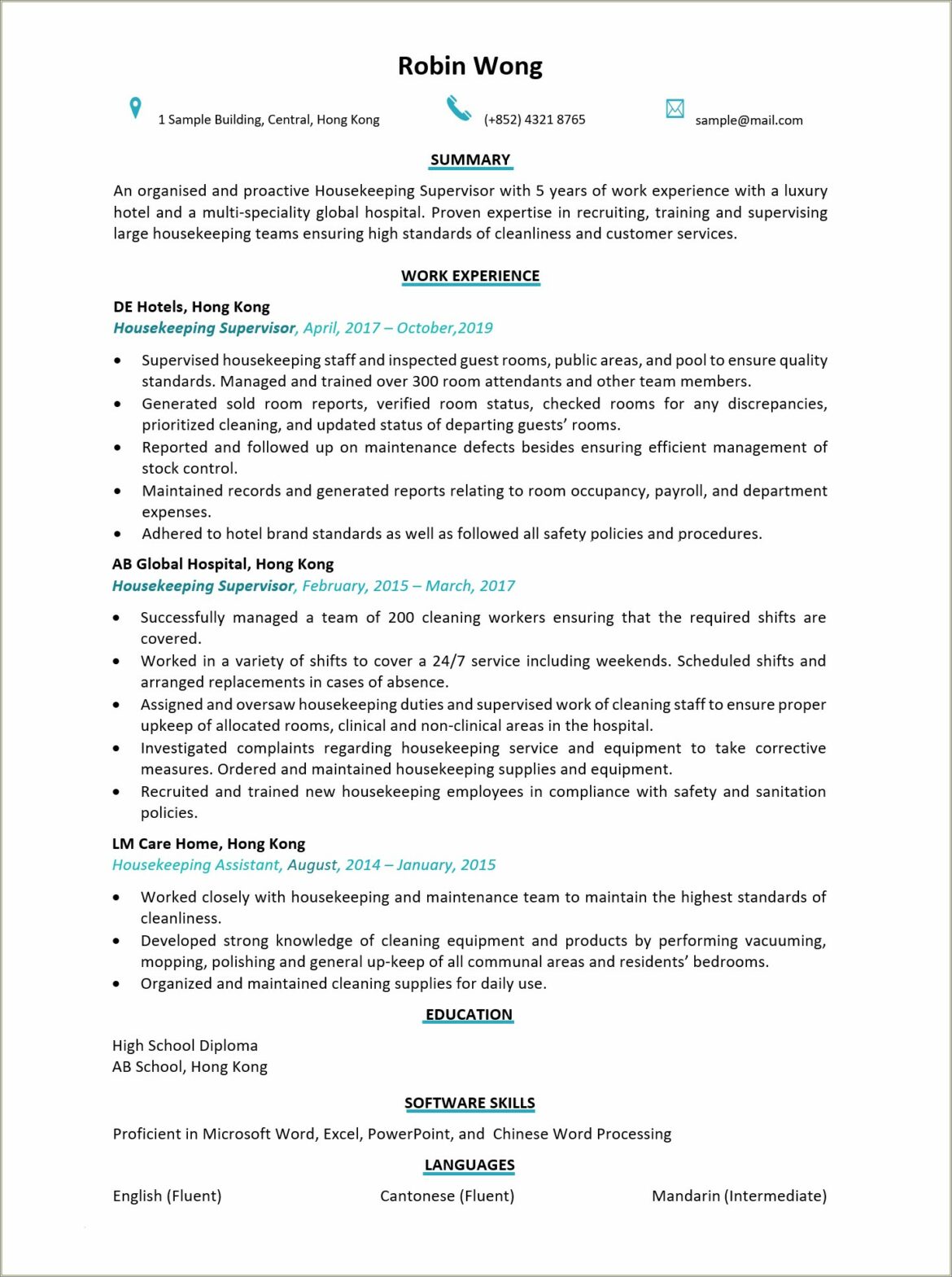 Sample Resume For Hospital Housekeeping Job