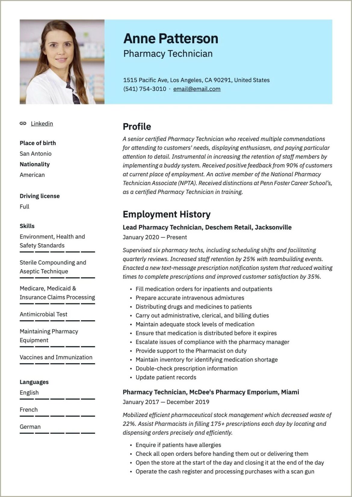 Sample Resume For Hospital Pharmacy Technician