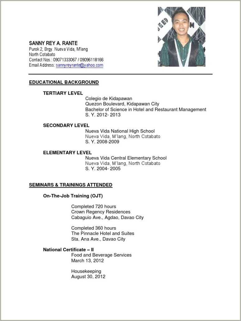 Sample Resume For Hotel And Restaurant Management Ojt