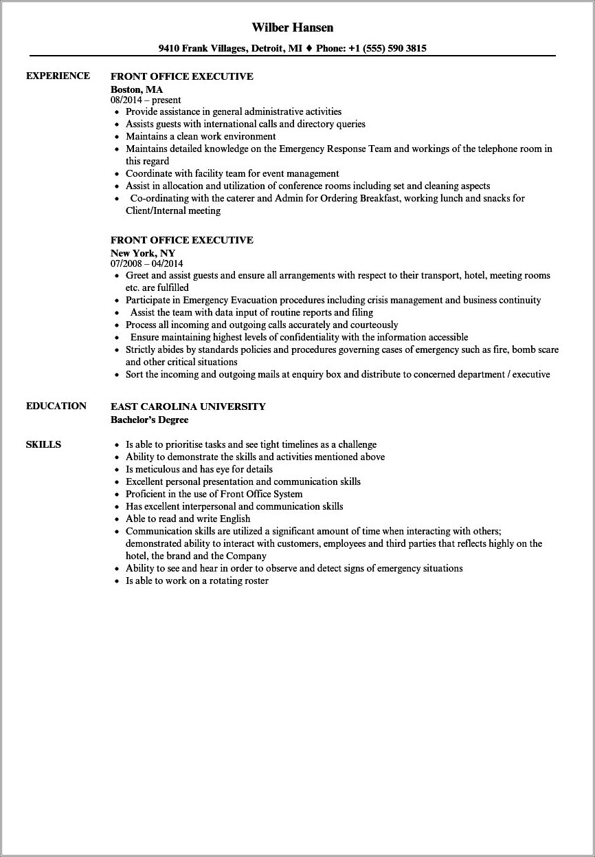 Sample Resume For Hotel Desk Clerk