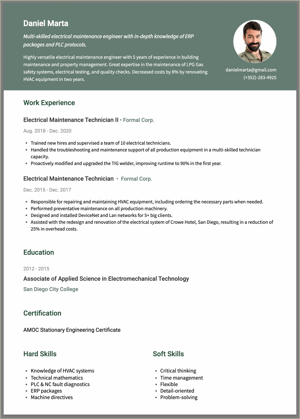 Sample Resume For Hotel Maintenance Engineer