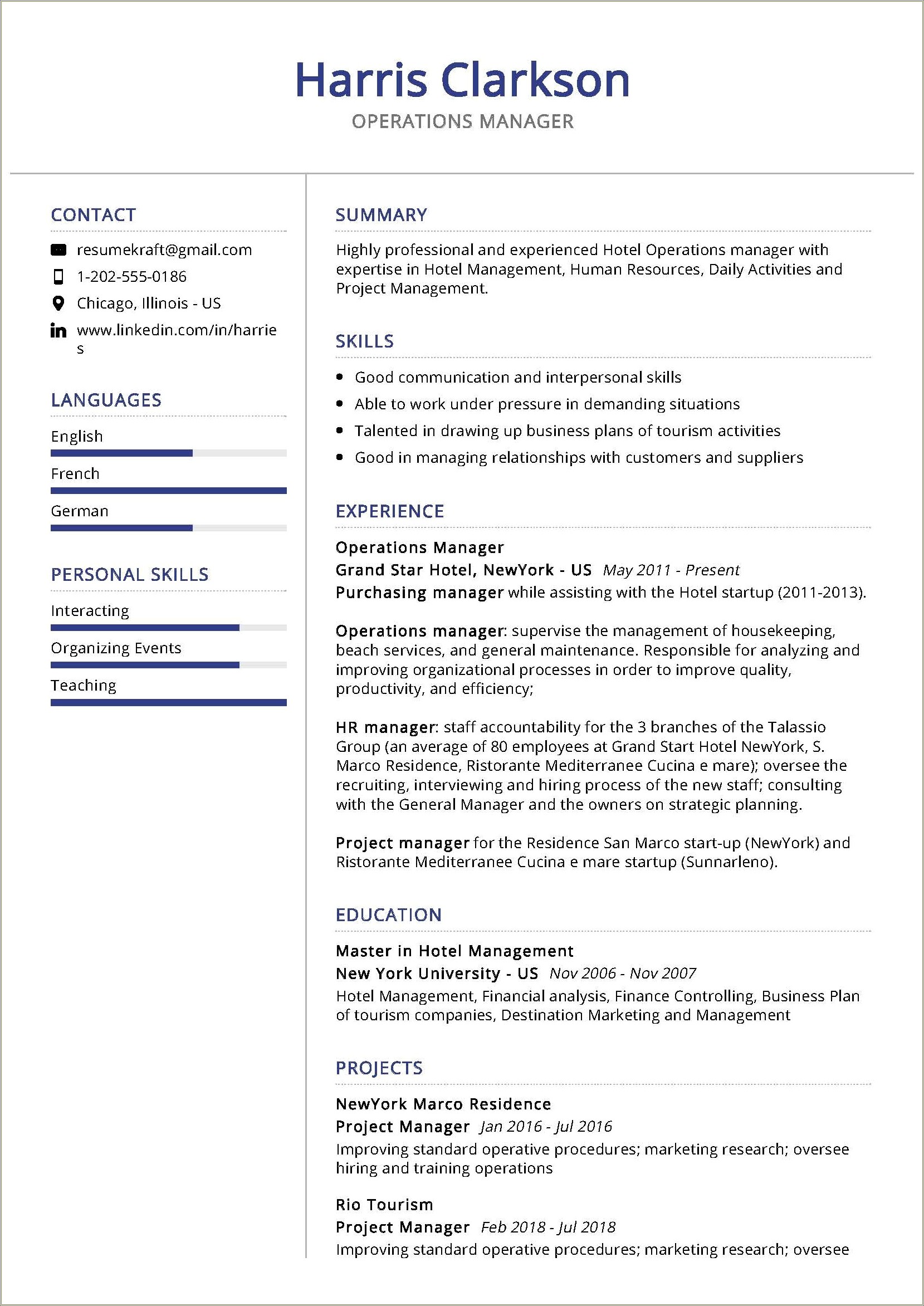 Sample Resume For Hotel Management Experience