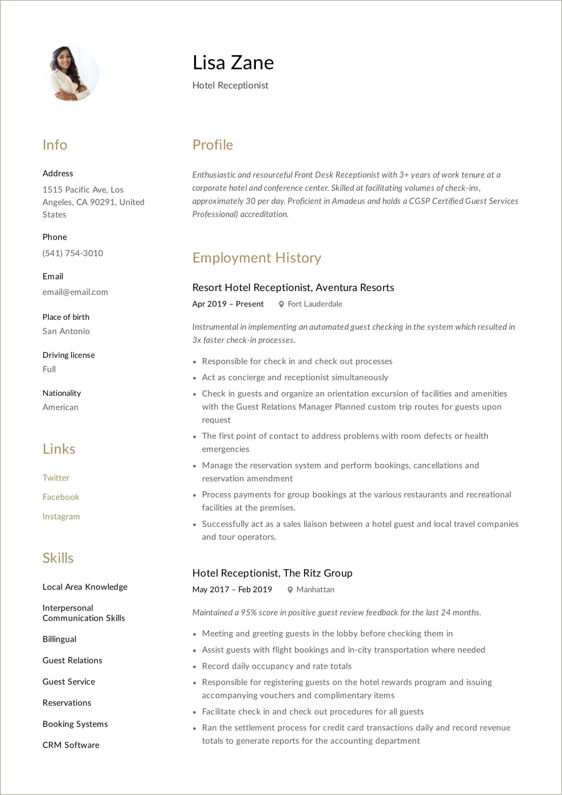 Sample Resume For Hotel Receptionist With No Experience