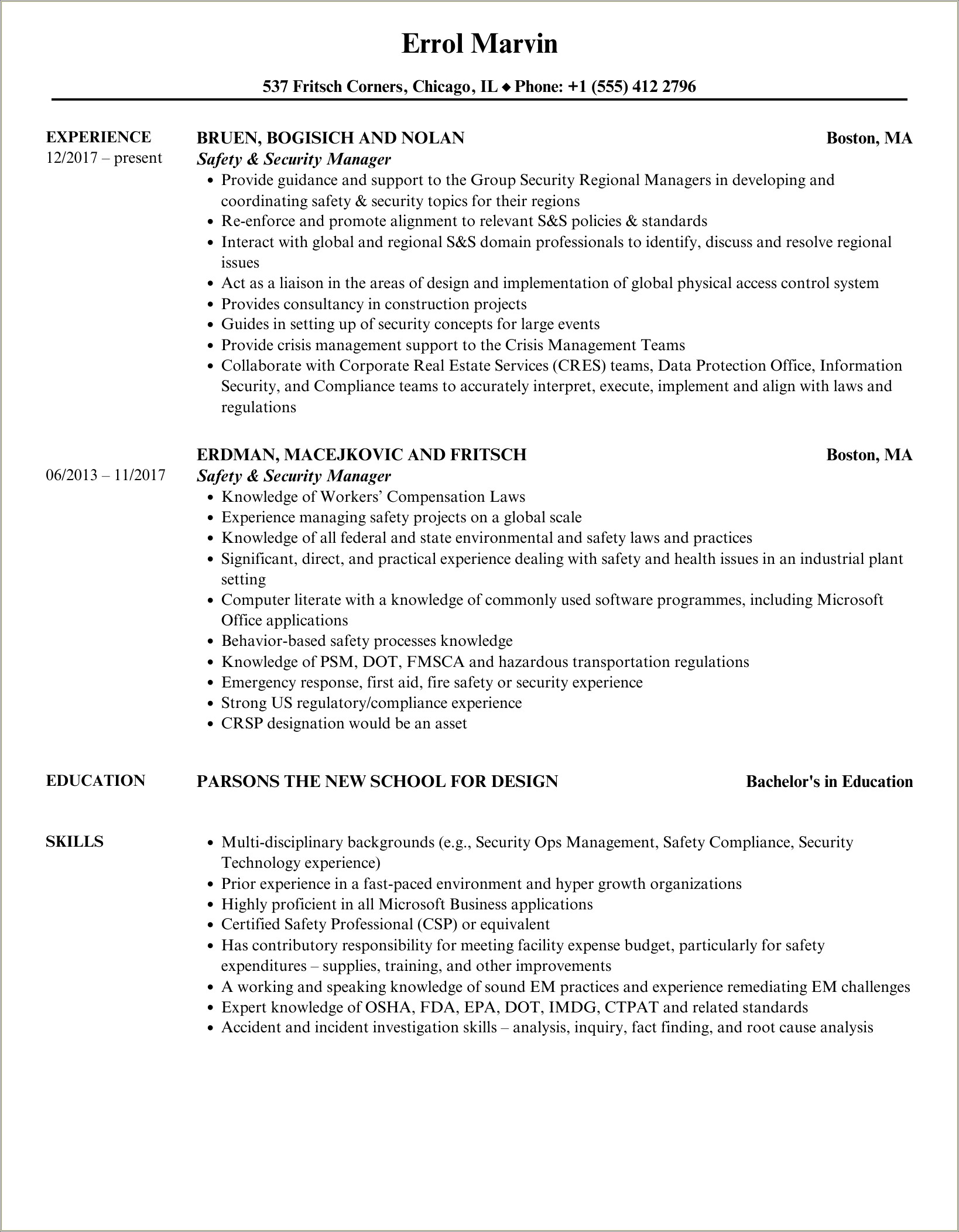 Sample Resume For Hotel Security Manager