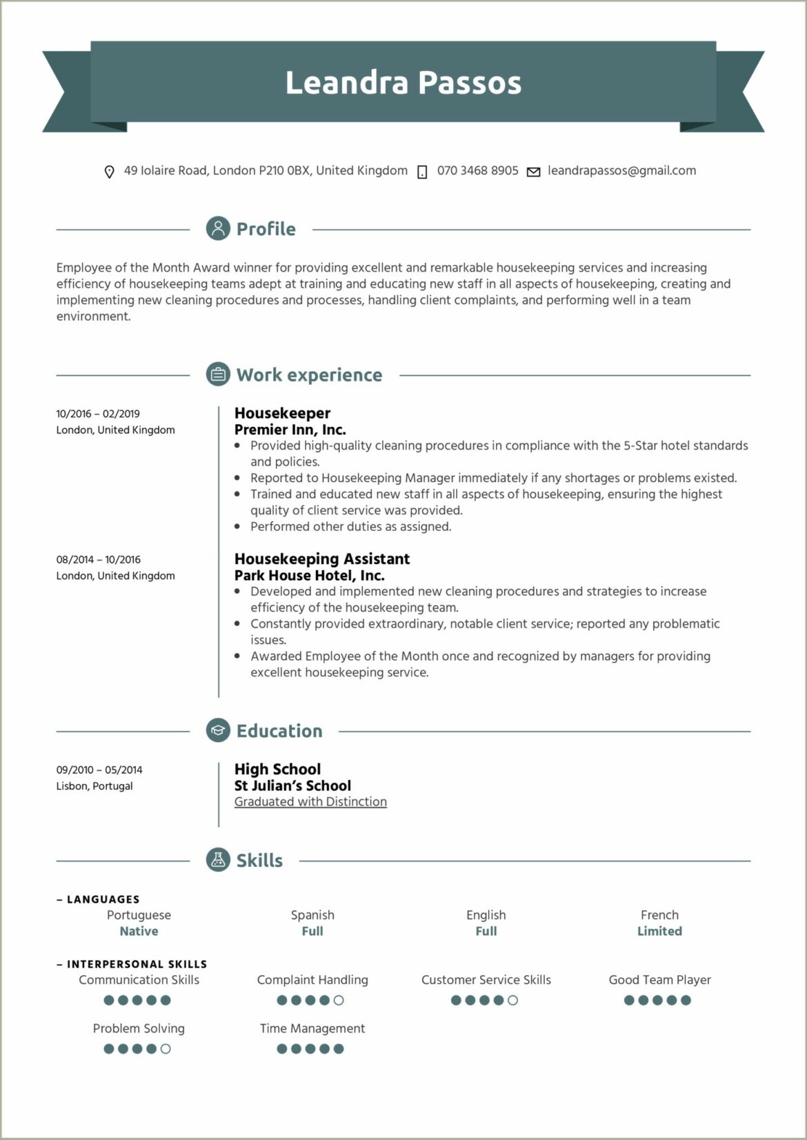 Sample Resume For Housekeeper Office Receptionist And Painting