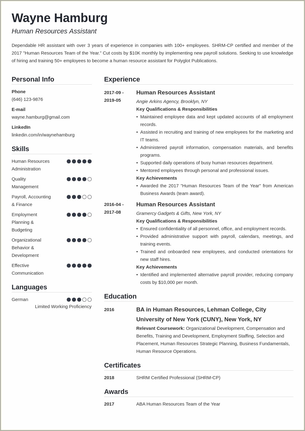 Sample Resume For Hr And Admin Officer