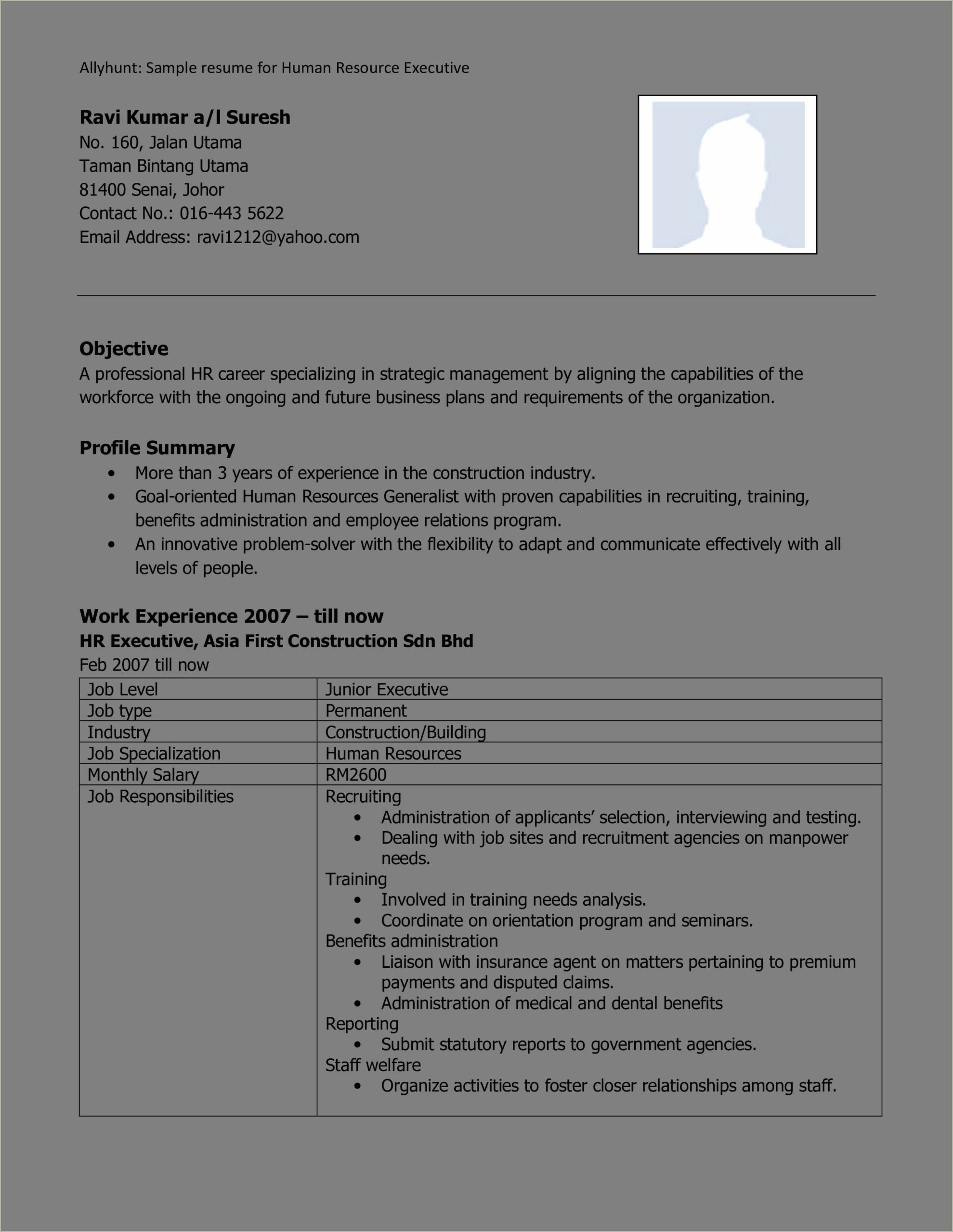 Sample Resume For Hr Generalist Profile
