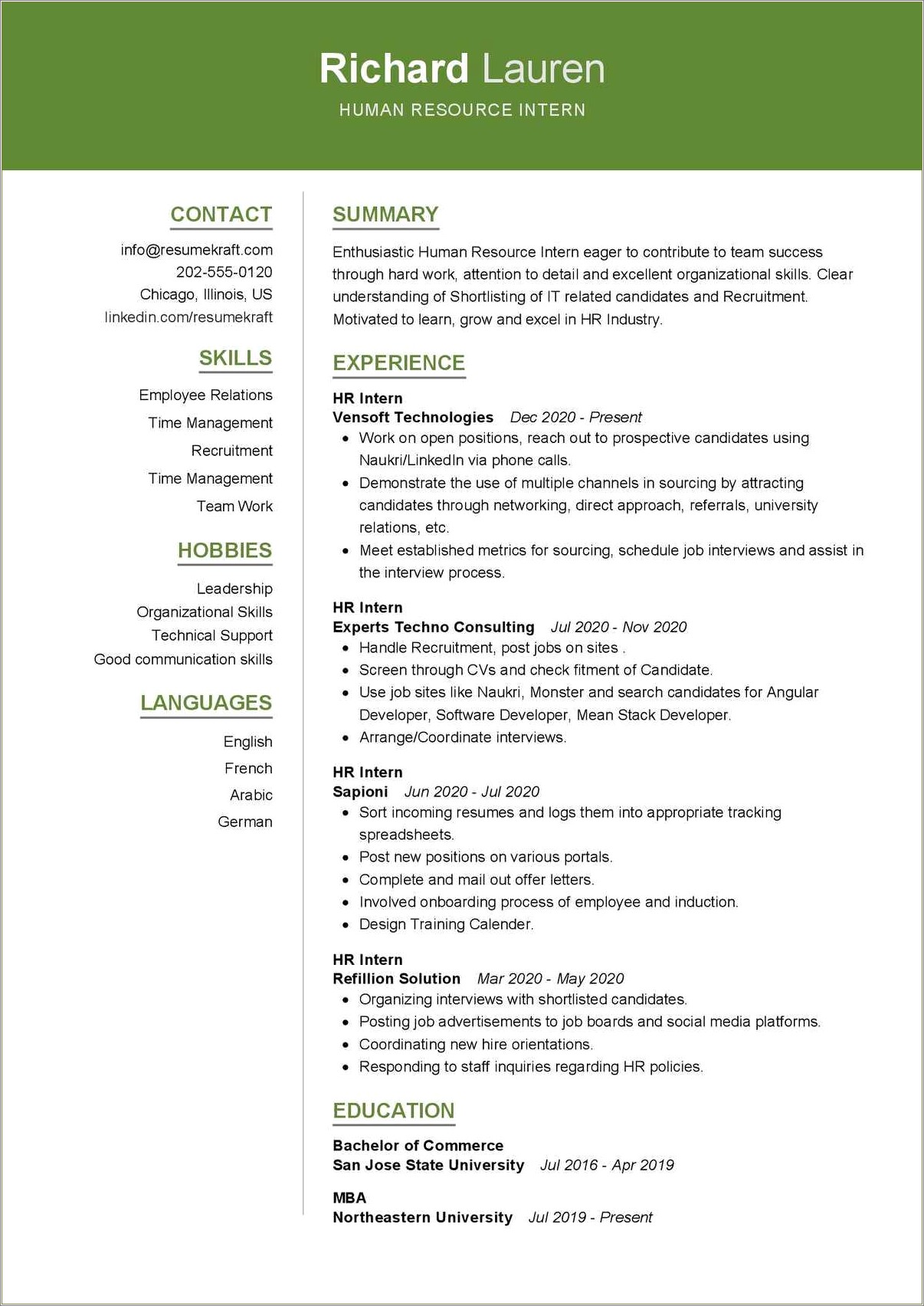 Sample Resume For Hr Internship With No Experience