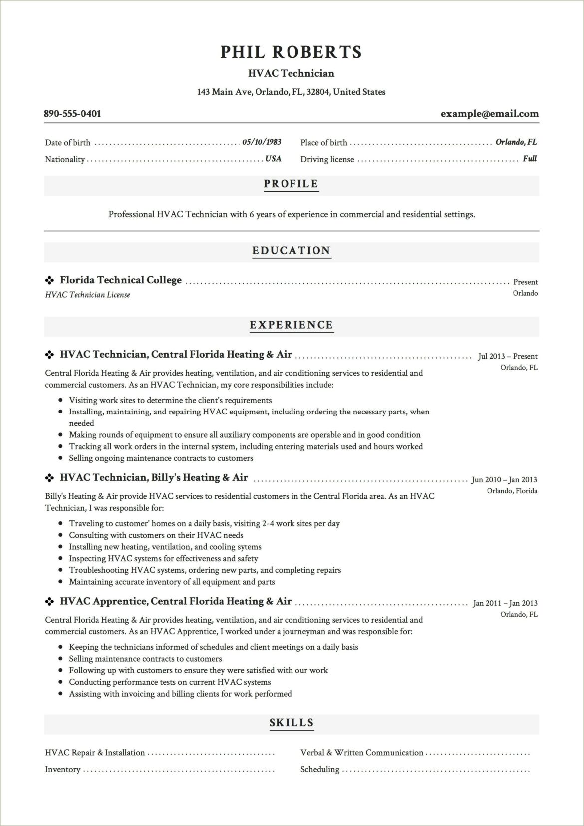 Sample Resume For Hvac Technician Refrigeration