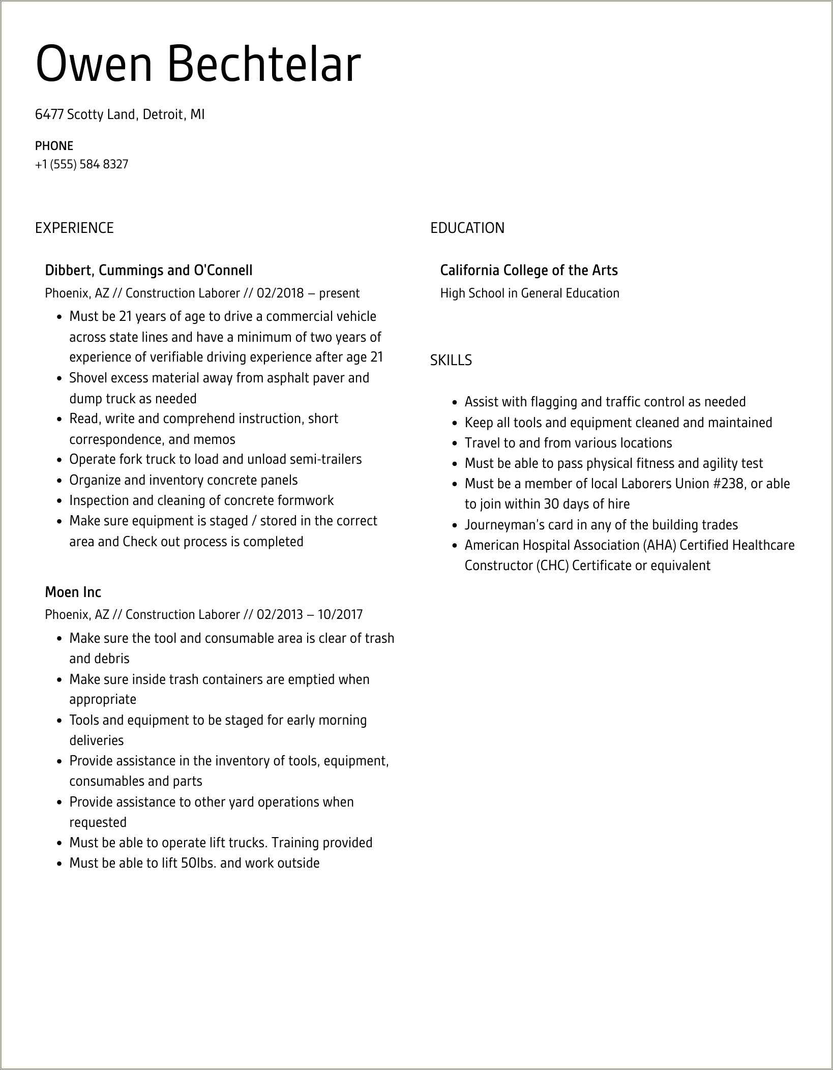 Sample Resume For Independent Construction Laborer