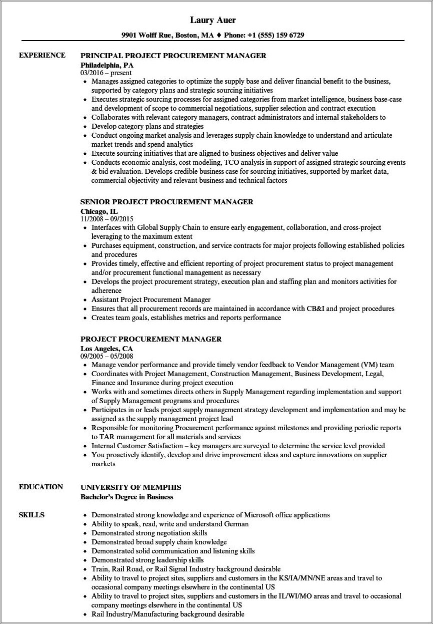 Sample Resume For Infrastructure Procurement Manager
