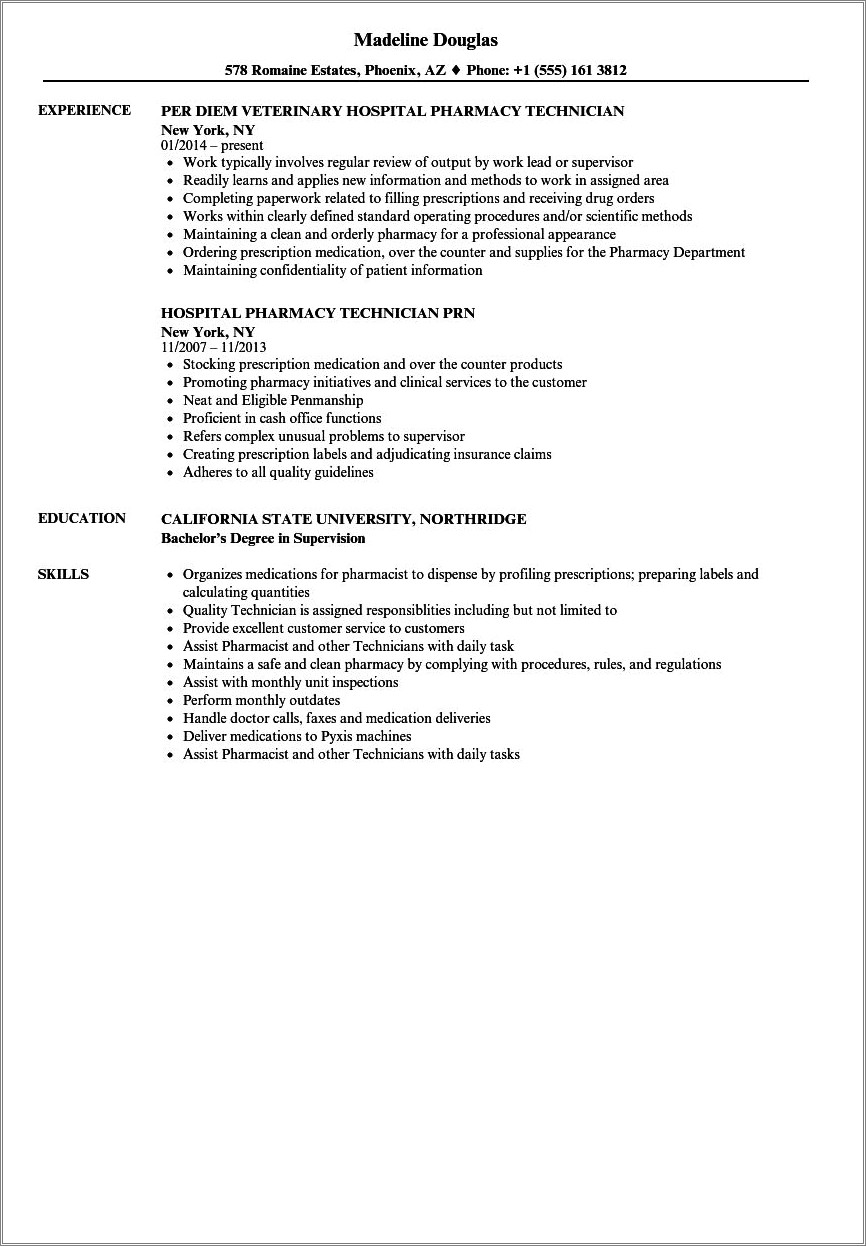 Sample Resume For Inpatient Pharmacy Technician