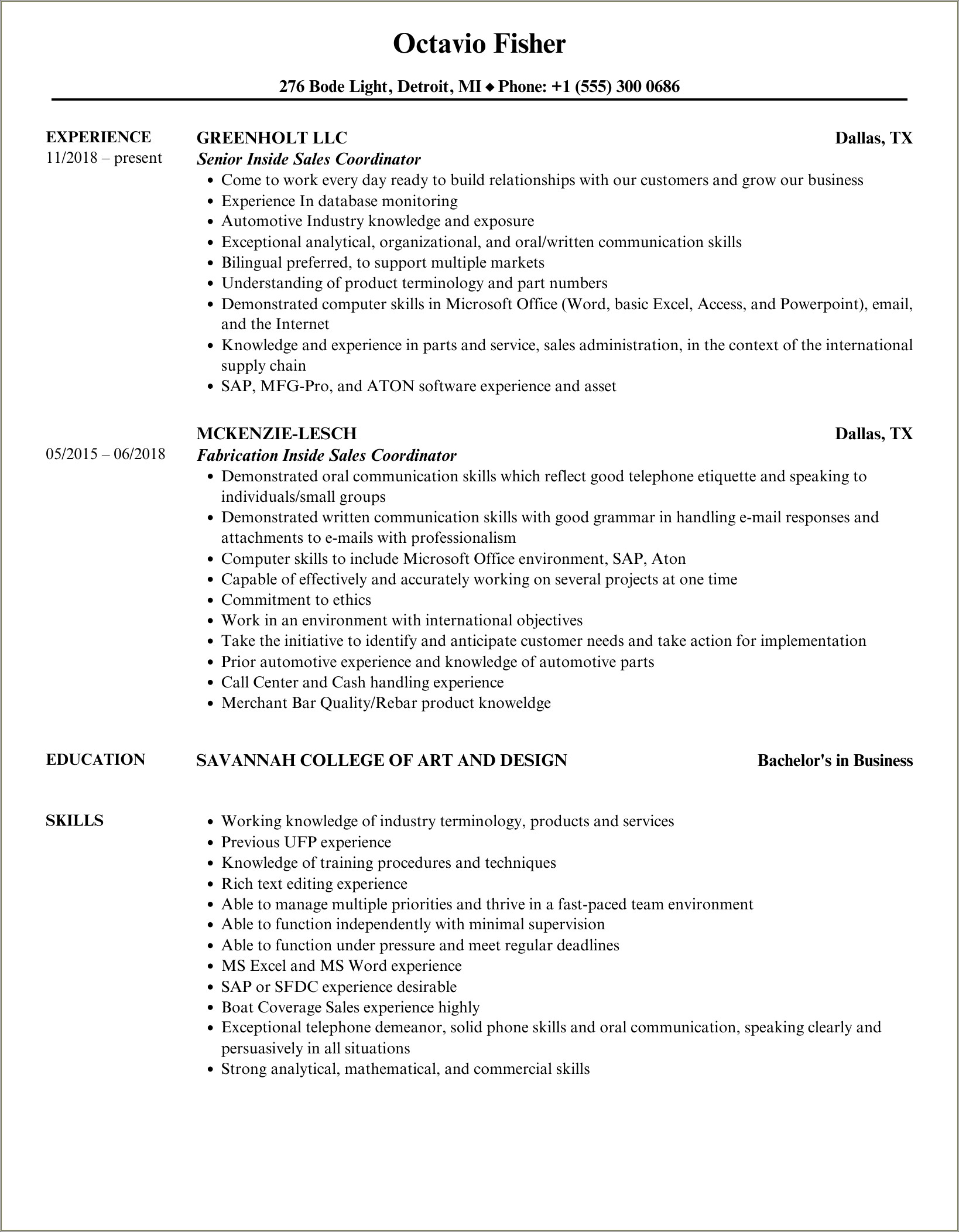 Sample Resume For Inside Sales Coordinator