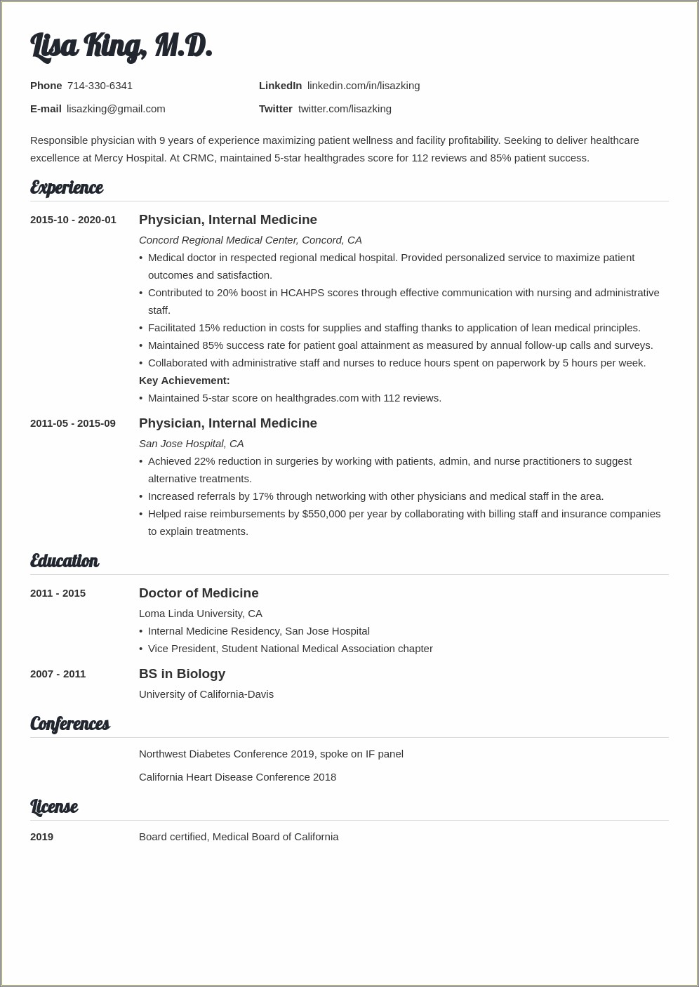 Sample Resume For Internal Medicine Doctor