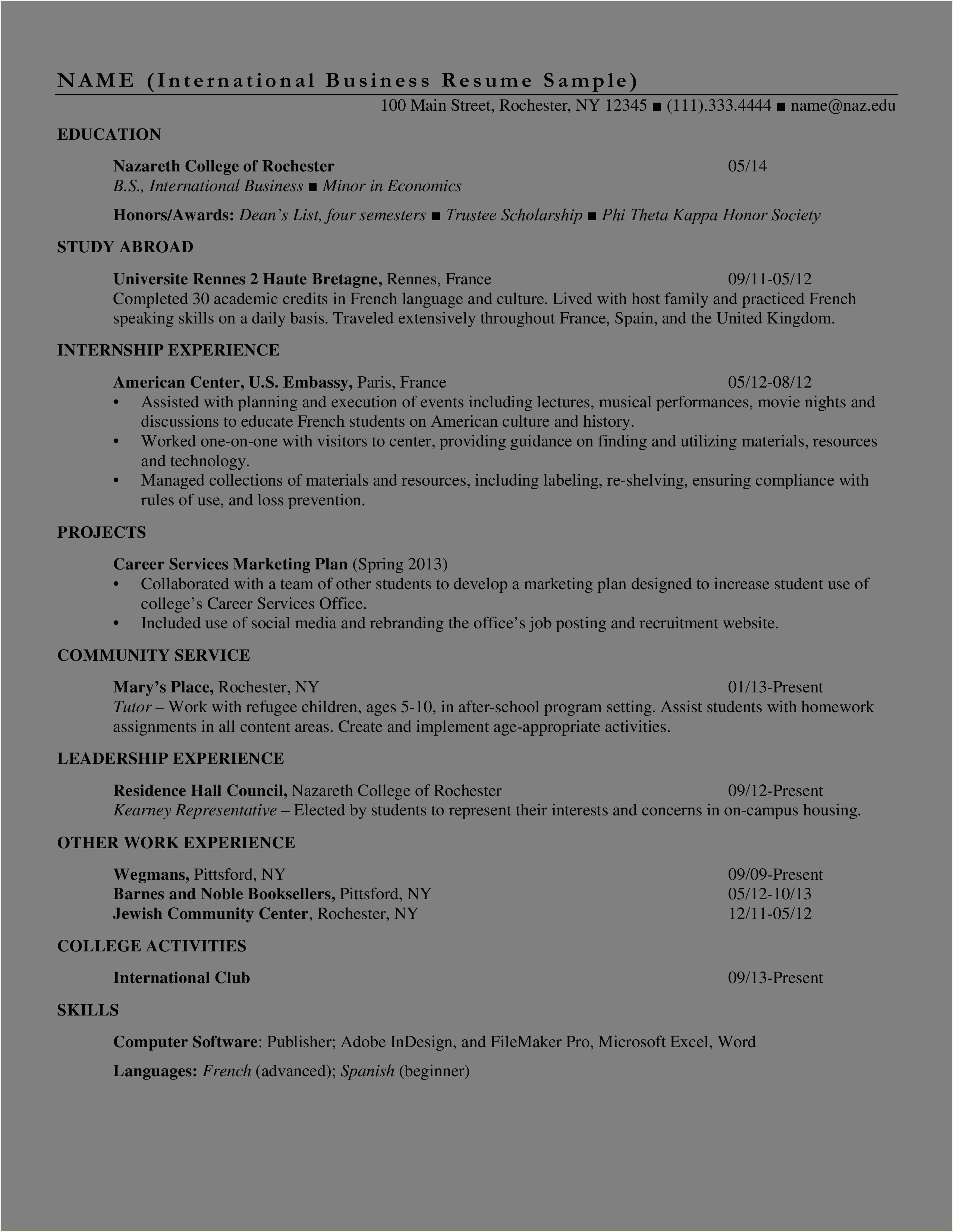 Sample Resume For International Business Management