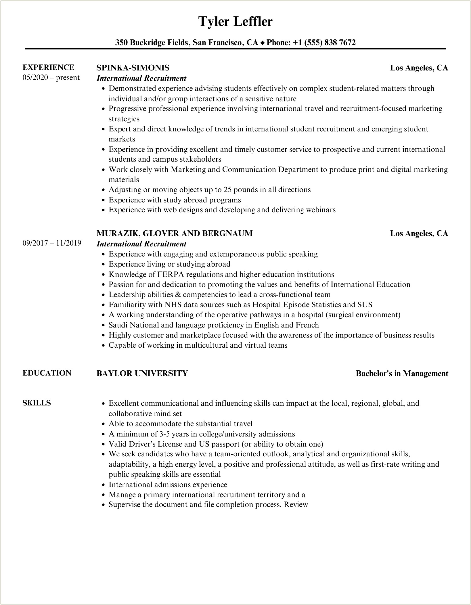 Sample Resume For International Recruiter Position