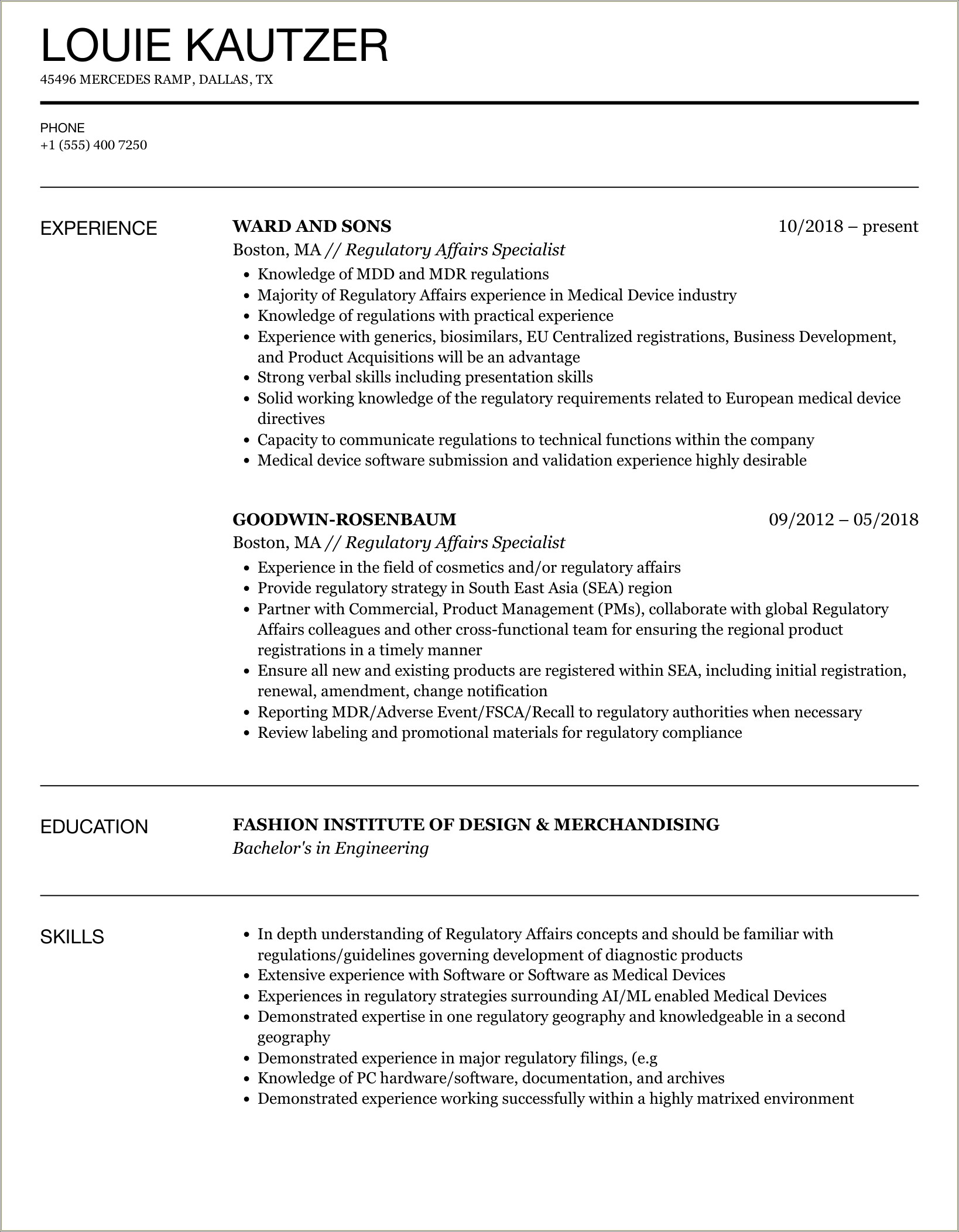 Sample Resume For International Regulatory Affairs Associate