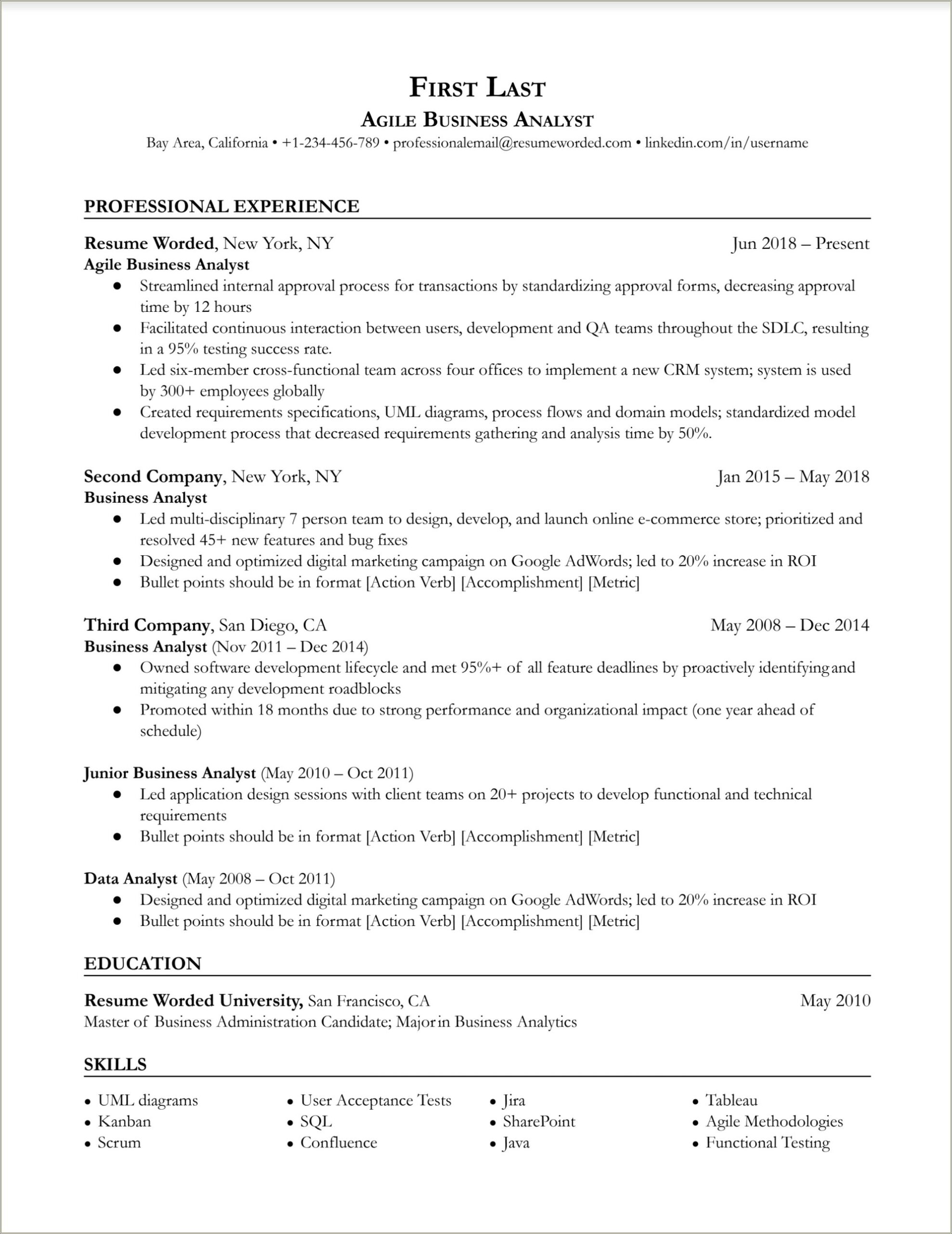 Sample Resume For It Business Analyst Position