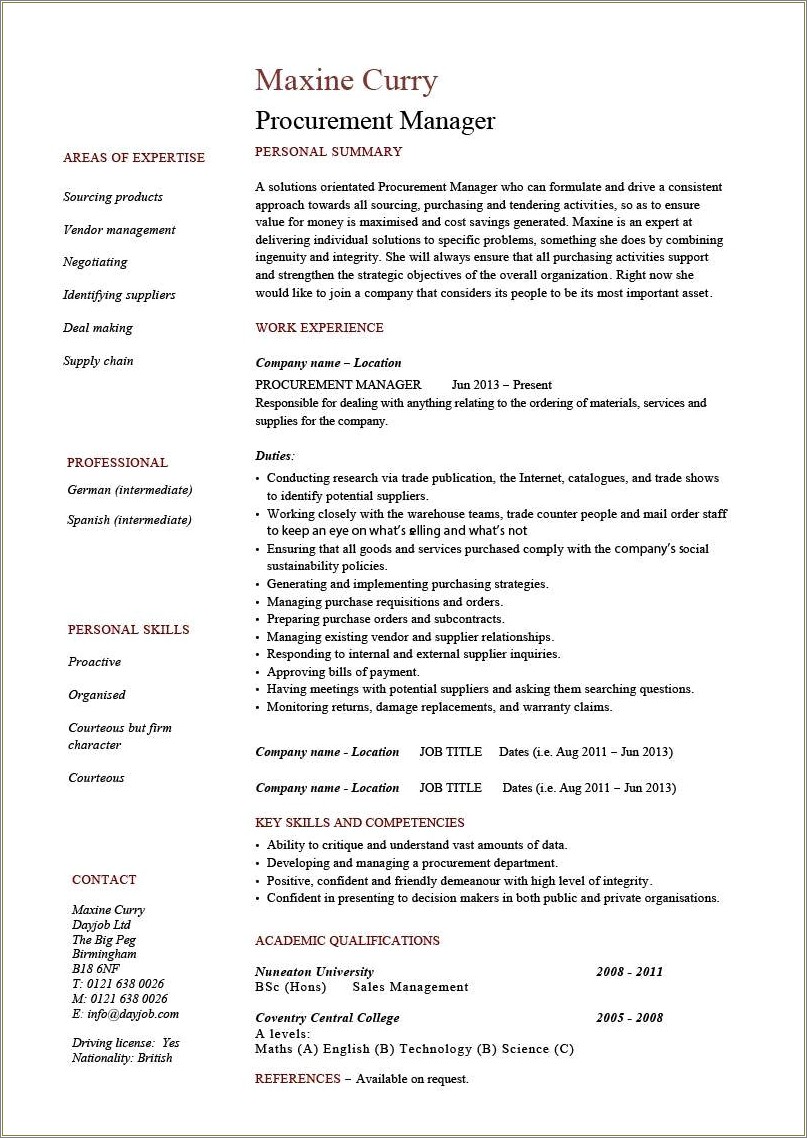 Sample Resume For It Procurement Manager