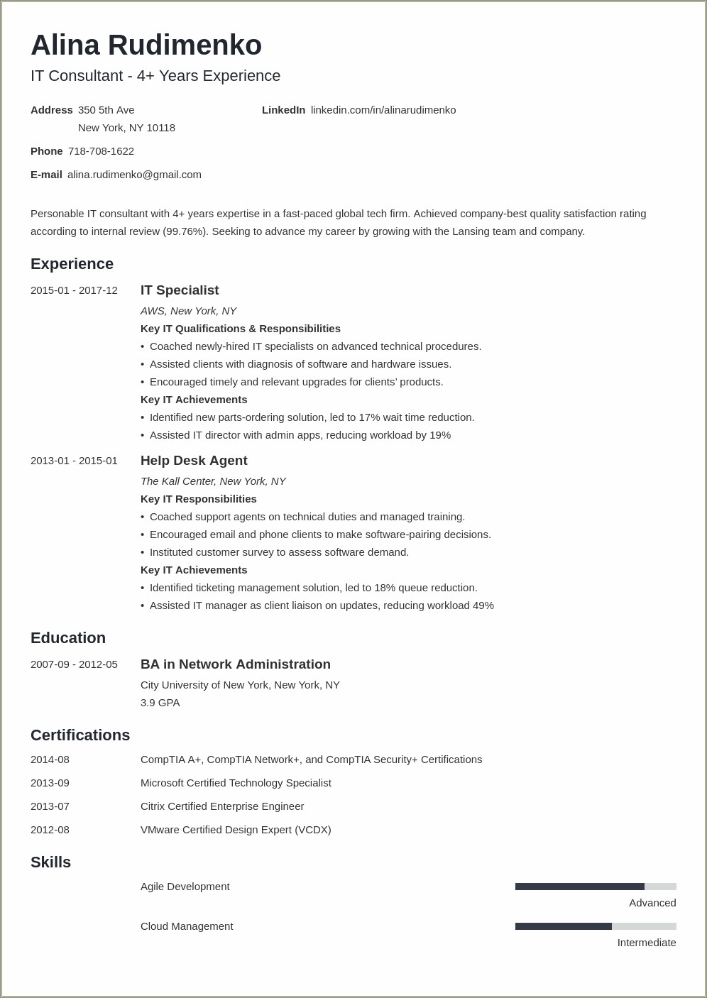 Sample Resume For It Professional Freshers In Usa