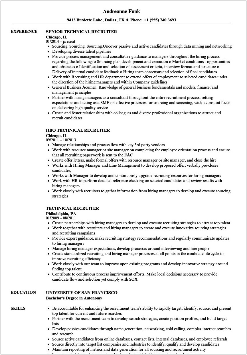 Sample Resume For It Recruiter India