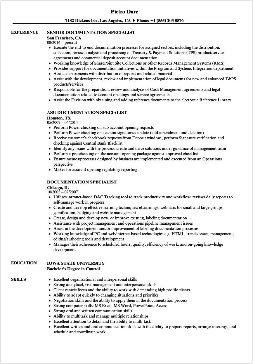 Sample Resume For It Specialist Doc
