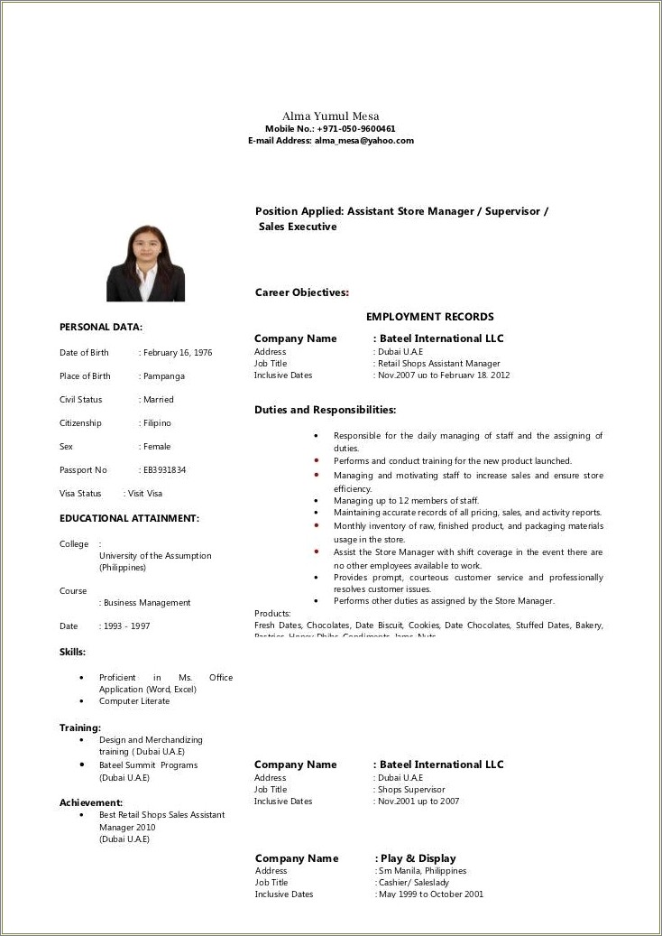 Sample Resume For Jobs In Dubai
