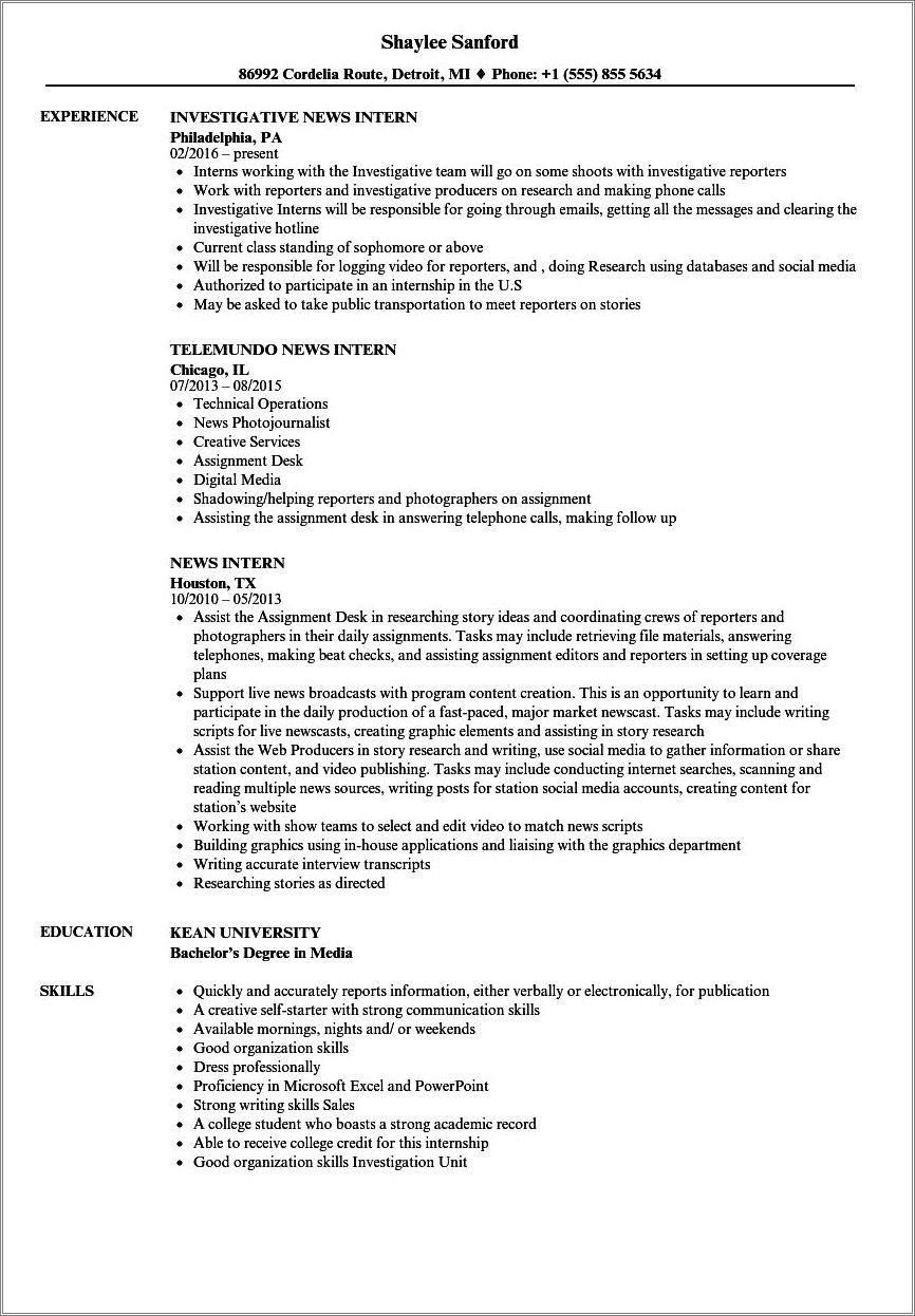 Sample Resume For Journalism Job For Freshers