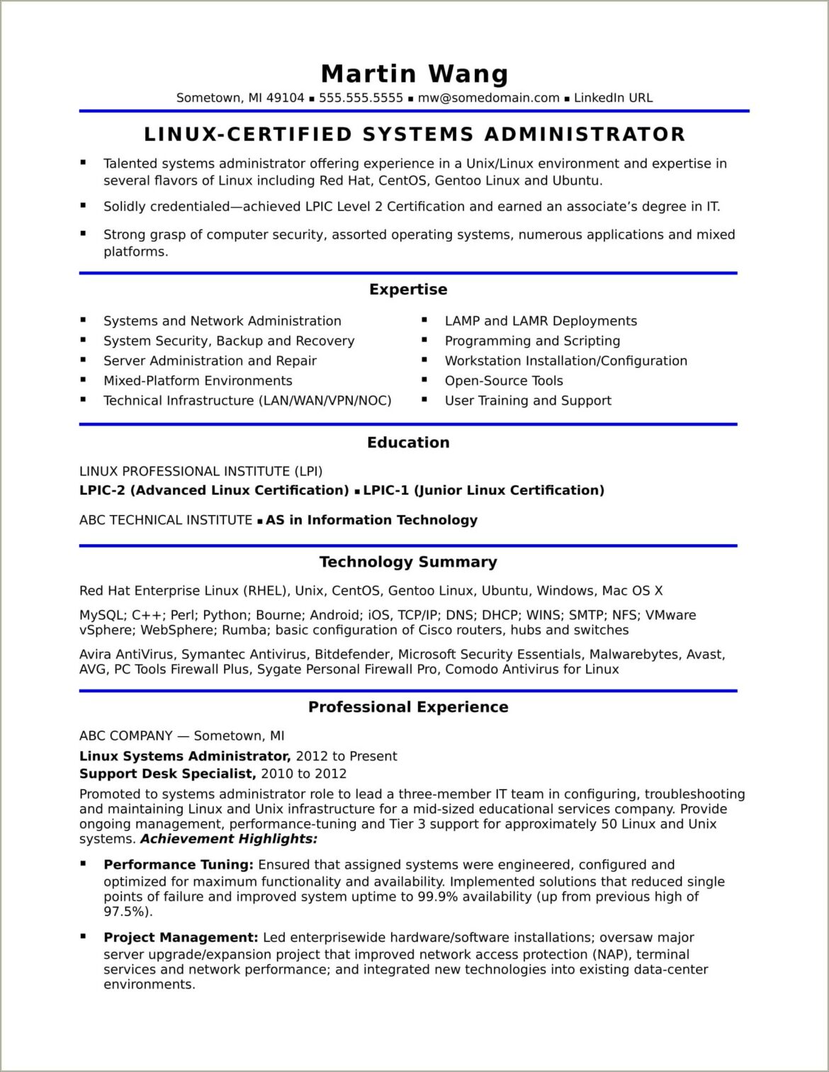 Sample Resume For Junior System Administrator